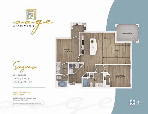 Floor plan for 2 beds, 2 baths, 1162 sqft